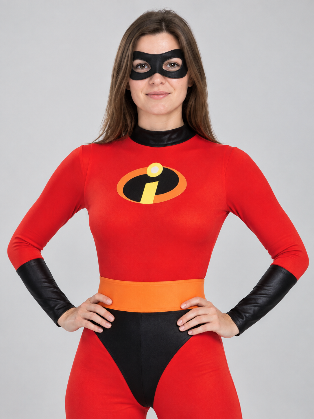 Red superhero costume with mask and belt