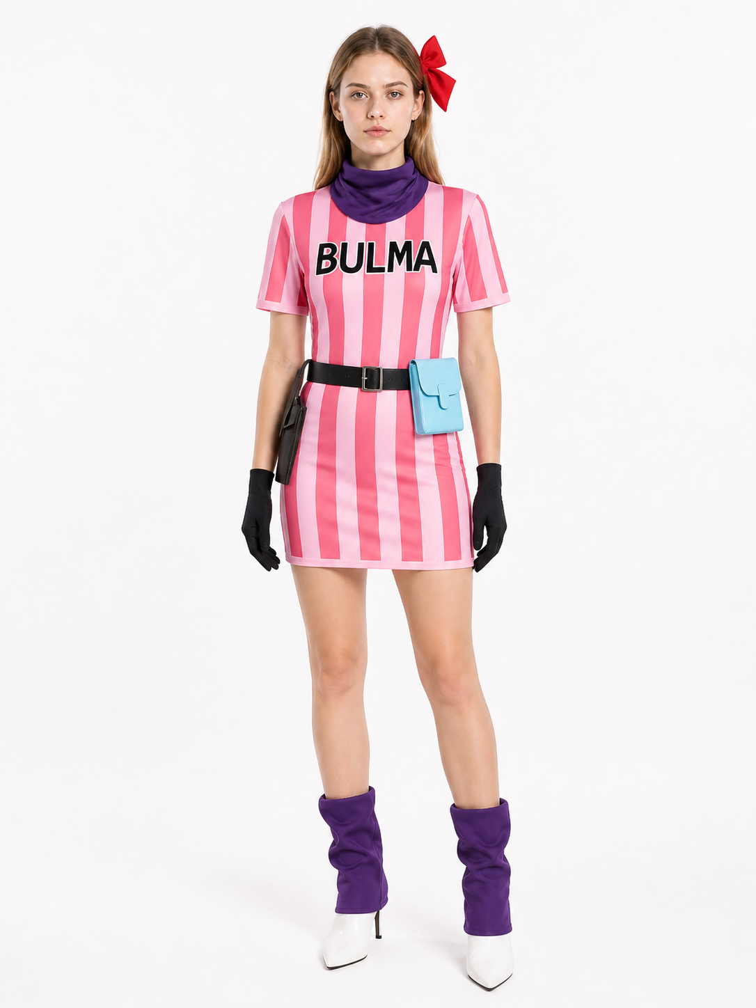 Bulma Cosplay Costume with Striped Dress Costume Dresses detail 2