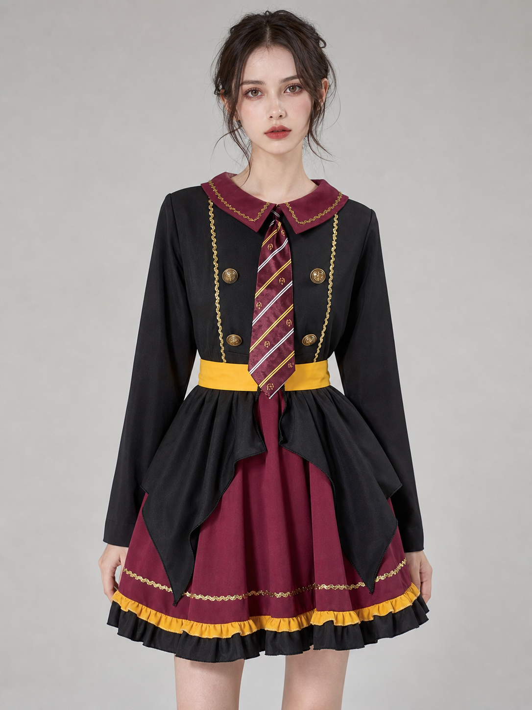 The costume dress features a combination of black, burgundy, gold, and yellow colors. The design has a black long sleeve and a burgundy notched collar attached to the dress bodice. The front is decorated with a diagonal striped panel, while