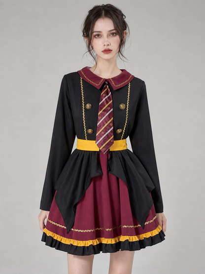 The costume dress features a combination of black, burgundy, gold, and yellow colors. The design has a black long sleeve and a burgundy notched collar attached to the dress bodice. The front is decorated with a diagonal striped panel, while