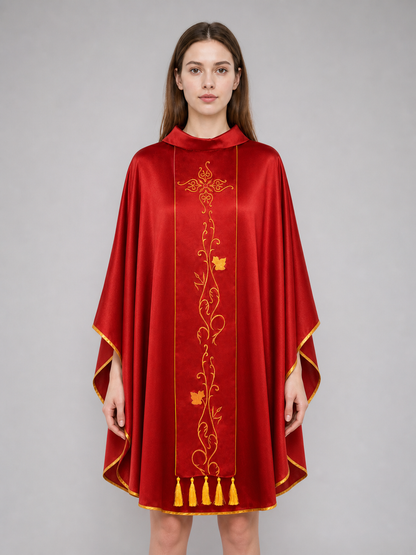 Medieval European Cosplay Vestment, Loose Sleeveless Poncho-Style Robe With Stand Collar, Gold Embroidery, Trim And Fringe For Stage Performance