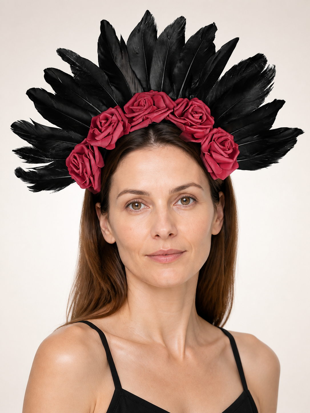 Carnival Headband with a Red Rose and Black Feathers Costume Headwear detail 2