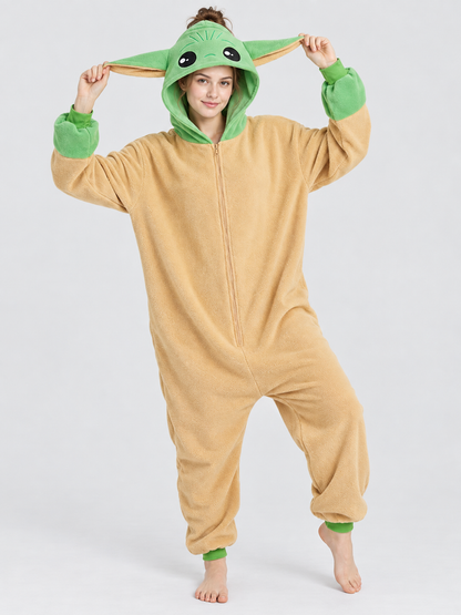 Flannel Pajama Jumpsuit with Green Hood