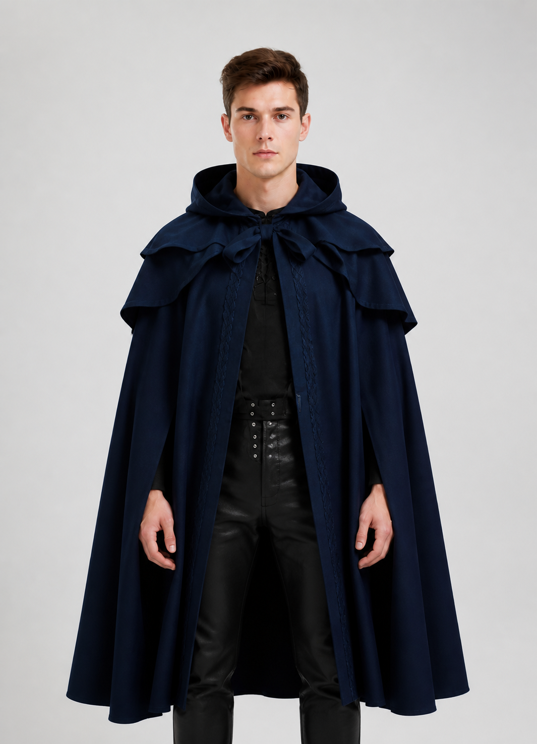 Hooded Cloak Cape with Ties, Blue Costume Capes detail 3