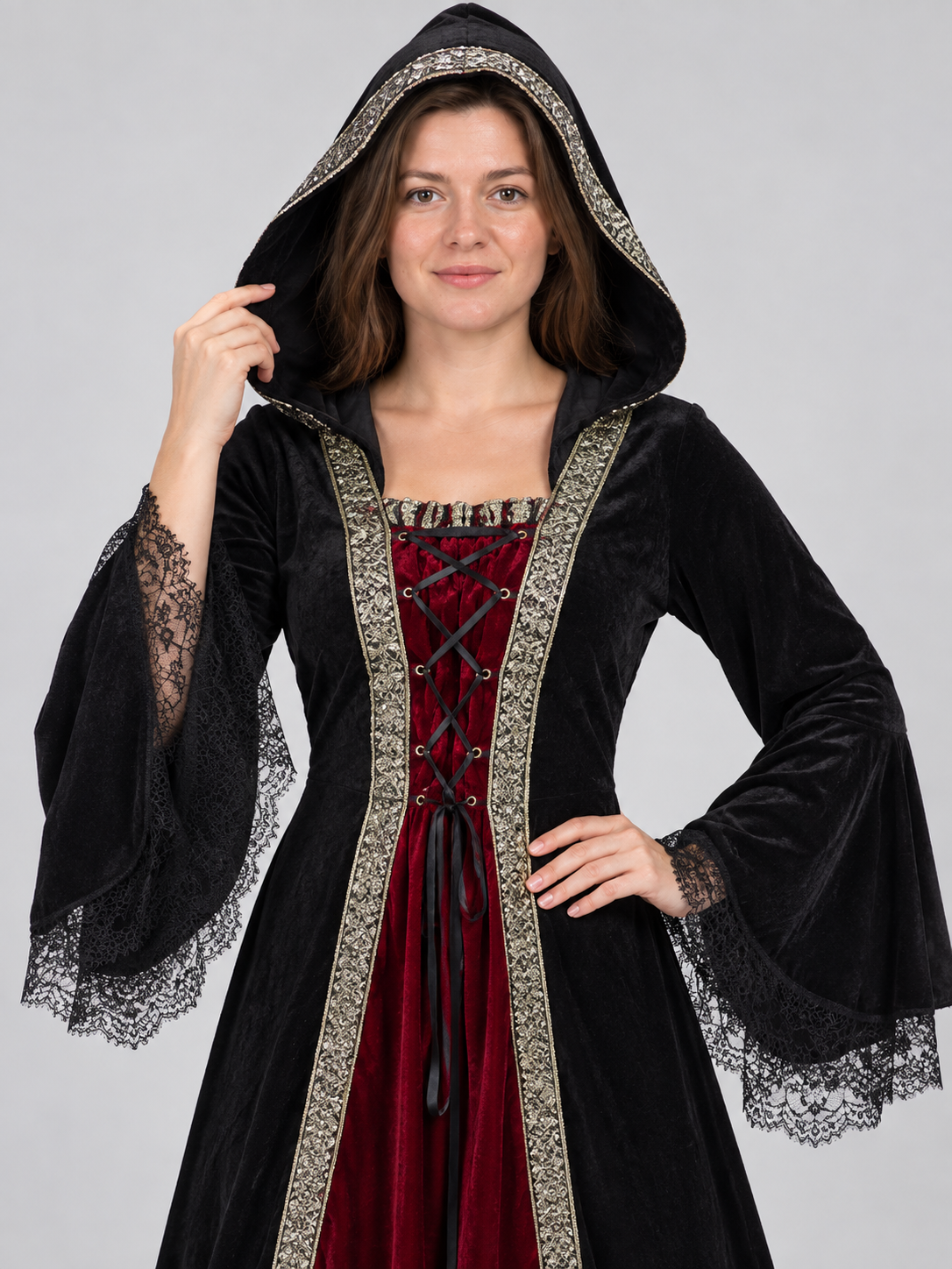 Witch Costume Dress with Hood and Lace Cuffs