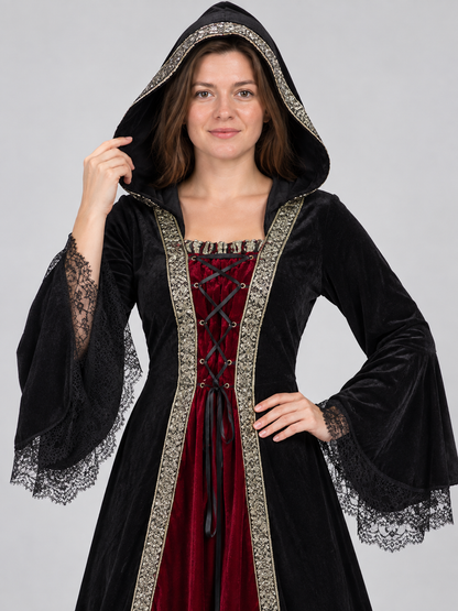 Witch Costume Dress with Hood and Lace Cuffs