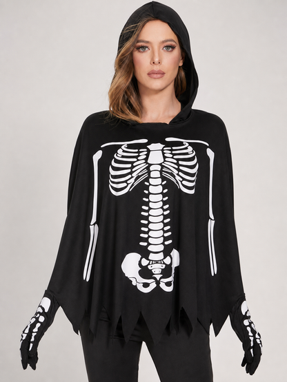 Hooded Cloak Costume with White Skeleton Print for Cosplay