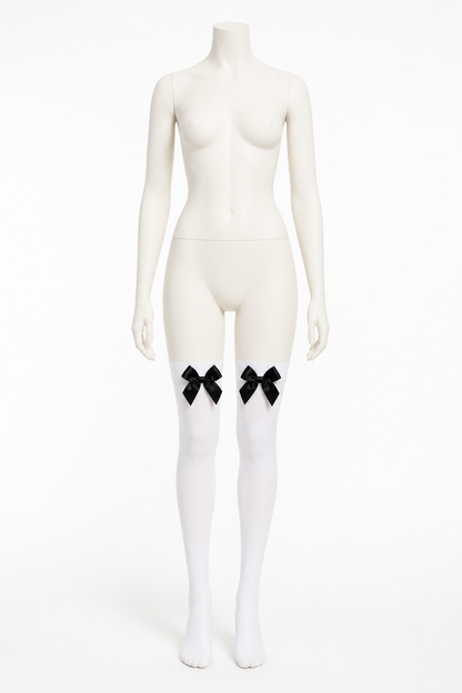 White Knee-High Socks with Black Bows for a Beer Festival upper body view