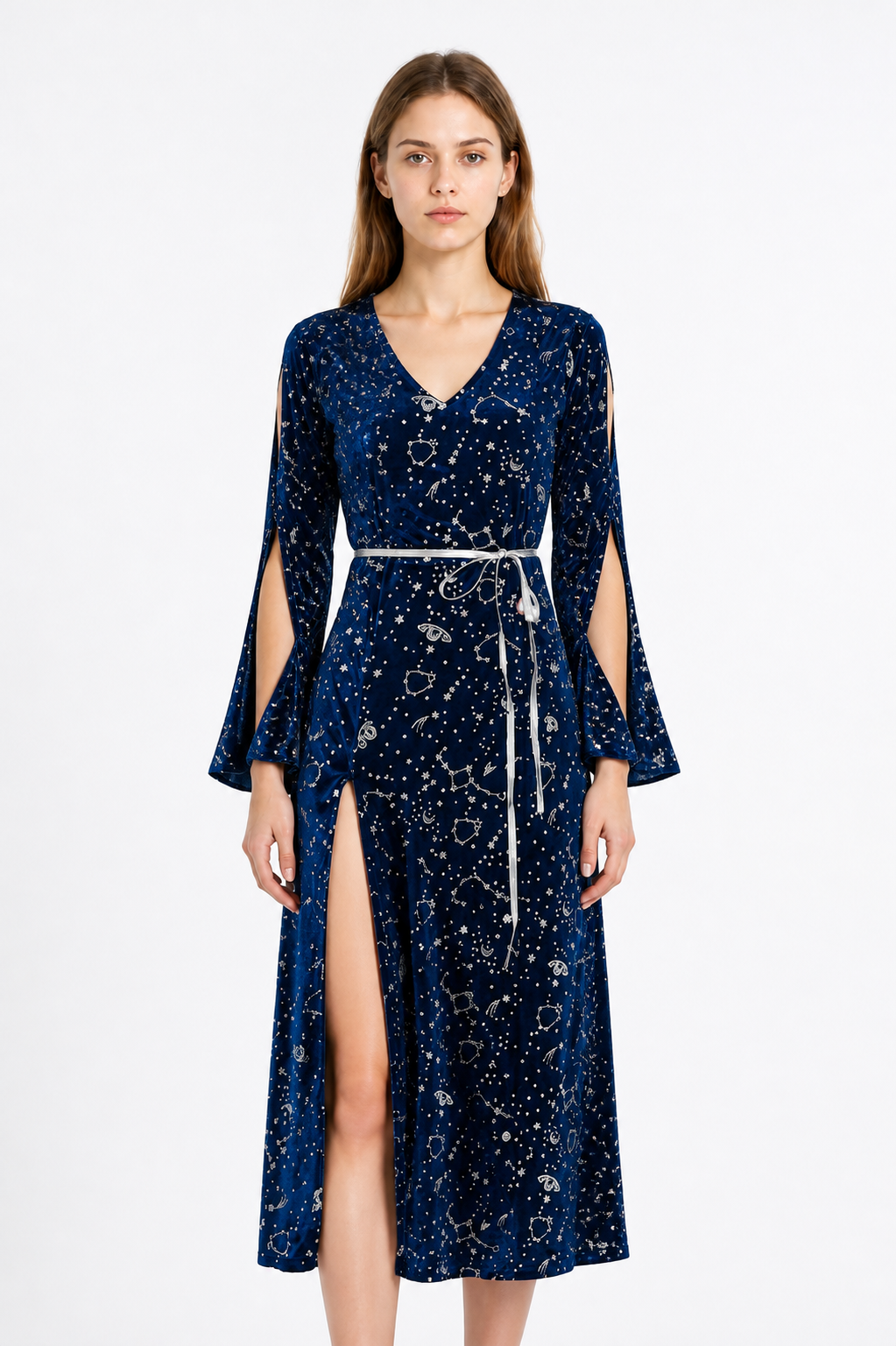 Long Blue Dress with Star and Moon Print, Flared Sleeves Costume Dresses detail 3
