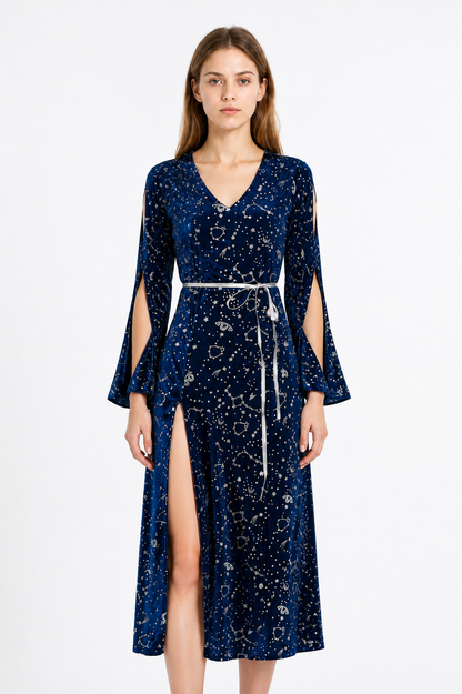 Long Blue Dress with Star and Moon Print, Flared Sleeves Costume Dresses detail 3