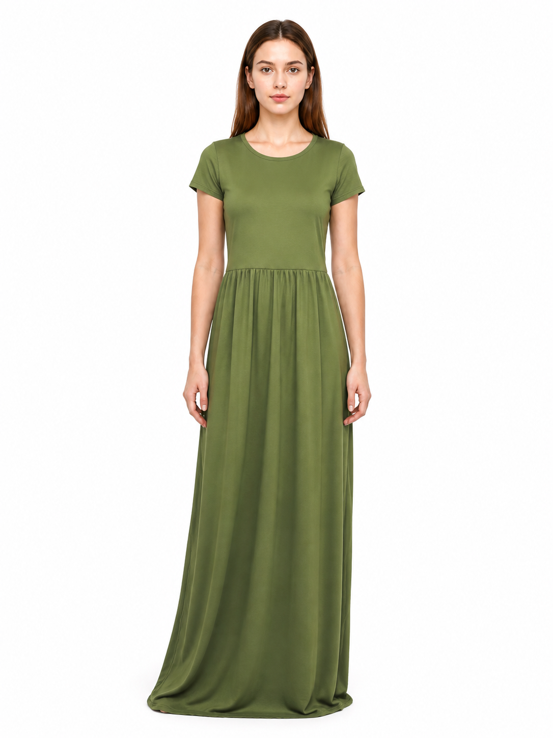 Olive Dress with Short Sleeves and Gathering at the Waist Costume Dresses detail 3