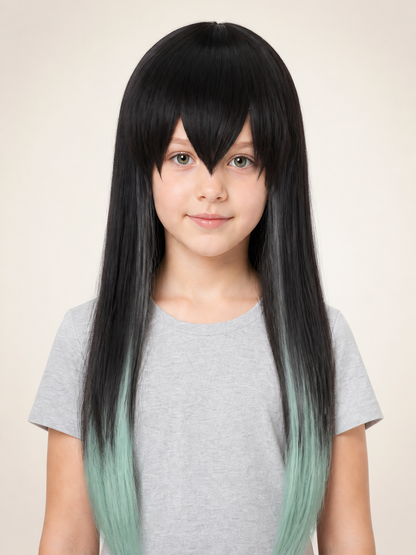 Long Black and Turquoise Cosplay Wig with Bangs Costume Wigs detail 2