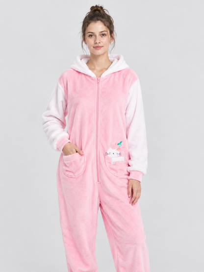 Hooded Pajama Jumpsuit with Cartoon Print