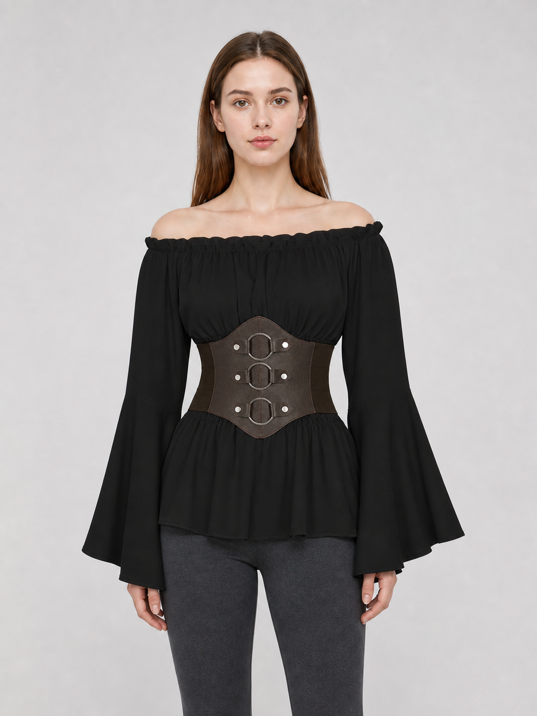 Gothic Costume Dress with a Belt and Flared Sleeves
