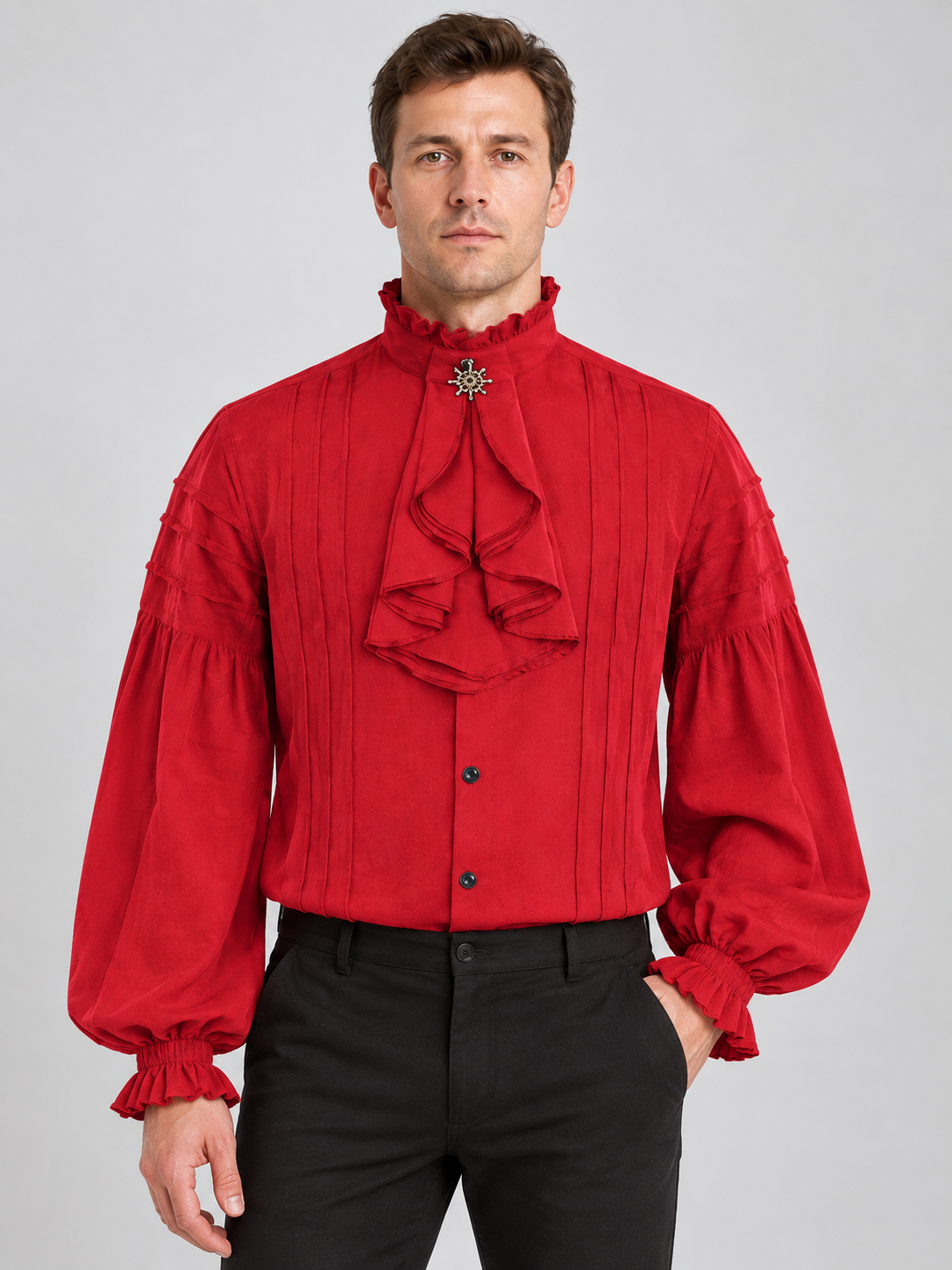 Red Pirate-Style Shirt with High Collar and Ruffles