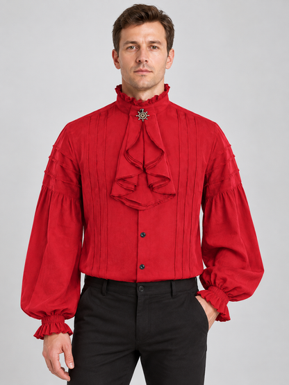 Red Pirate-Style Shirt with High Collar and Ruffles