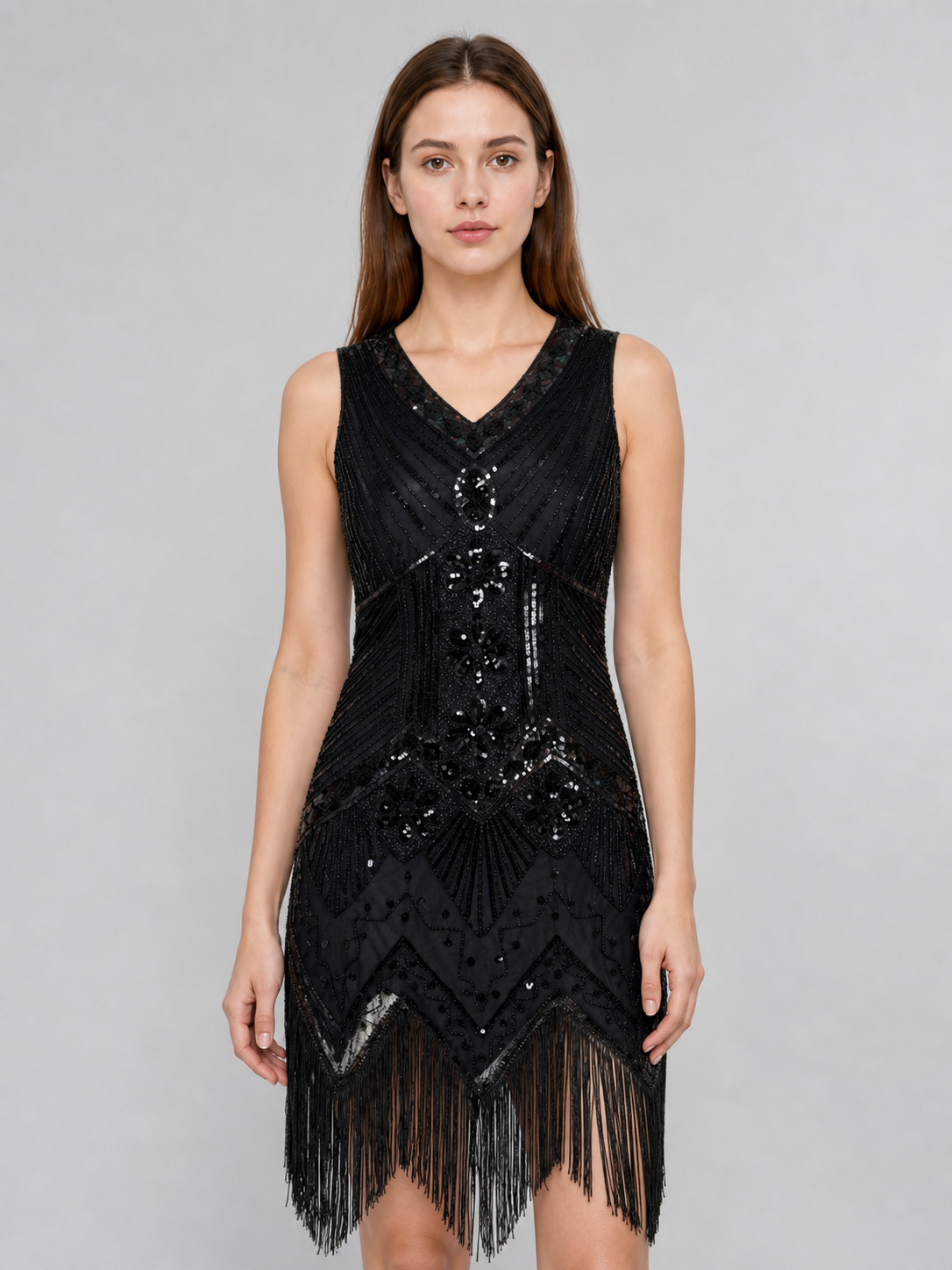 Black Art Deco flapper dress with fringe