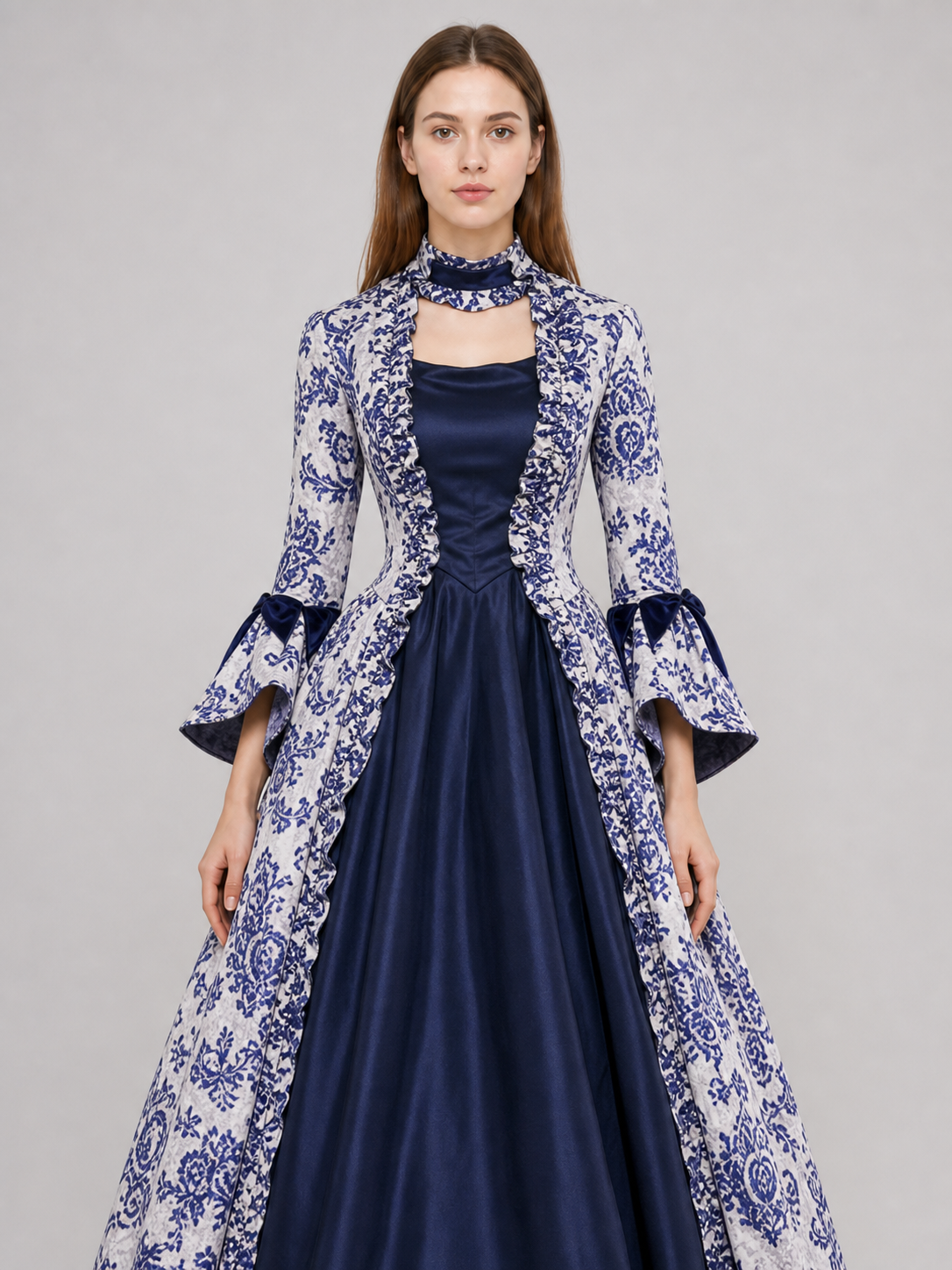 Patterned Evening Dress with Long Sleeves and a Flared Skirt