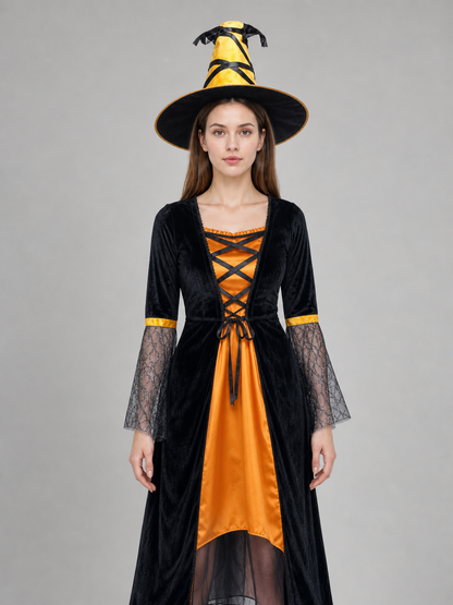 This Halloween costume includes a long dress and a pointed hat. The dress is in a black-and-orange color scheme: the center features a bright orange panel, and the black outer layer has a flared hem. The semi-sheer sleeves are decorated wit