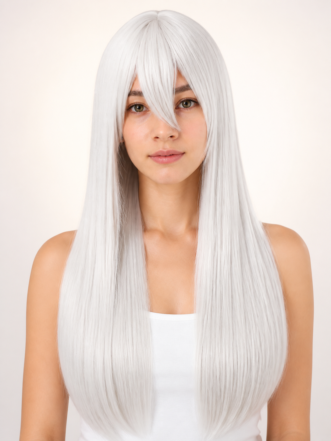 Long Straight White Carnival Wig with Side-Swept Bangs Costume Wigs detail 2