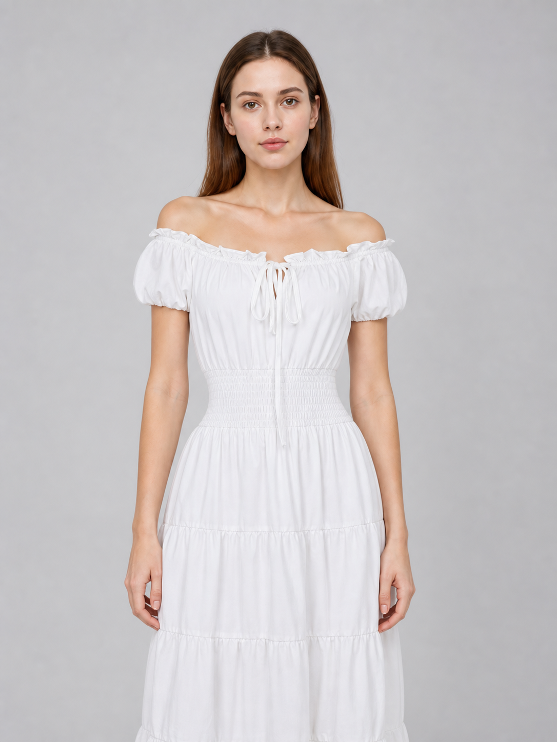 White Off-the-Shoulder Dress with Tiered Skirt