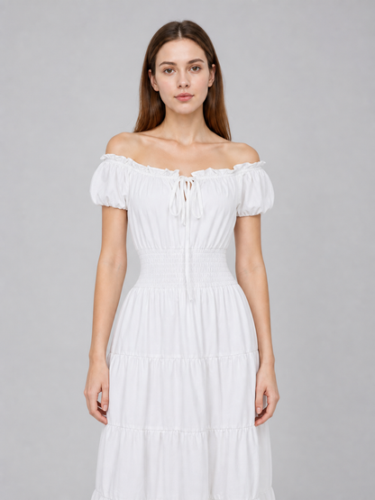 White Off-the-Shoulder Dress with Tiered Skirt