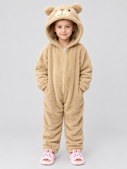 Kids' Flannel Hooded Pajama Jumpsuit with Ears