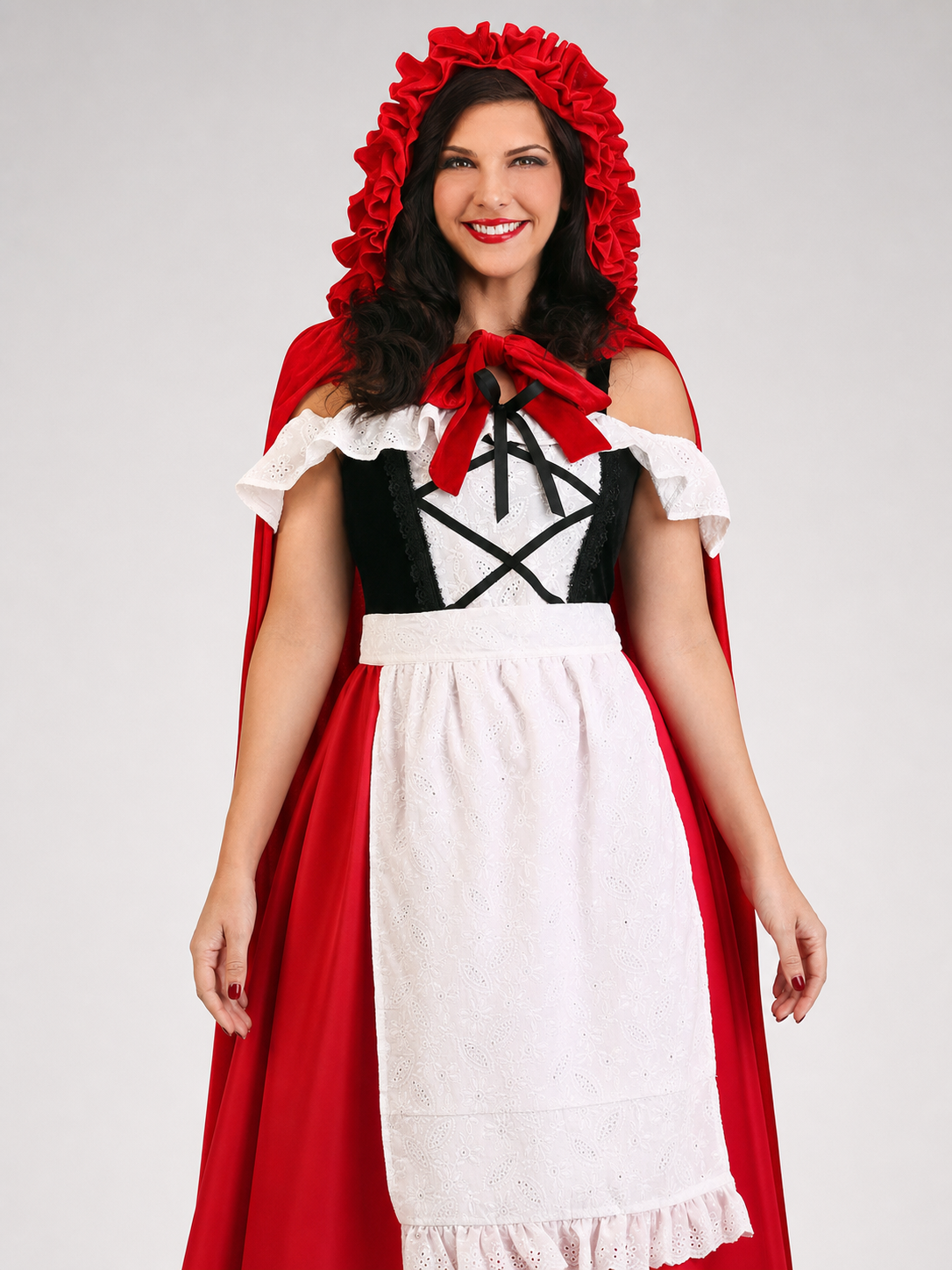 Red Riding Hood costume set designed as a dress with a cape, suitable for stage performances, festive dress-up, and themed cosplay. The set includes a costume combining a red dress with a full silhouette, a white apron-style front, and a re