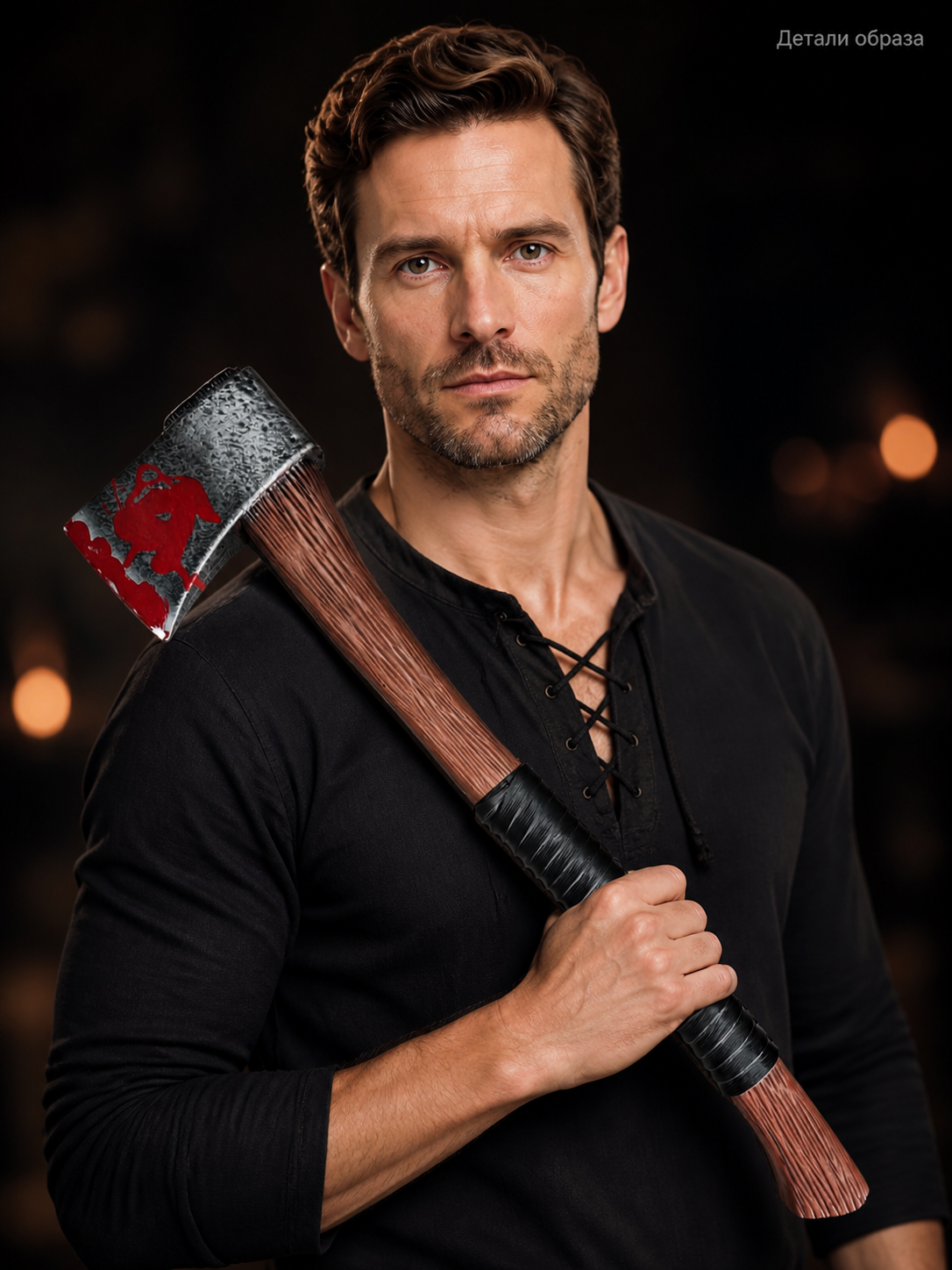 Close-up styled portrait of a model holding the axe over his shoulder, highlighting the red-patterned metal head and black wrapped handle