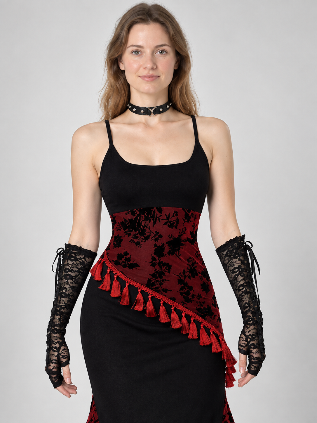Gothic Black and Red Maxi Dress with Fringe