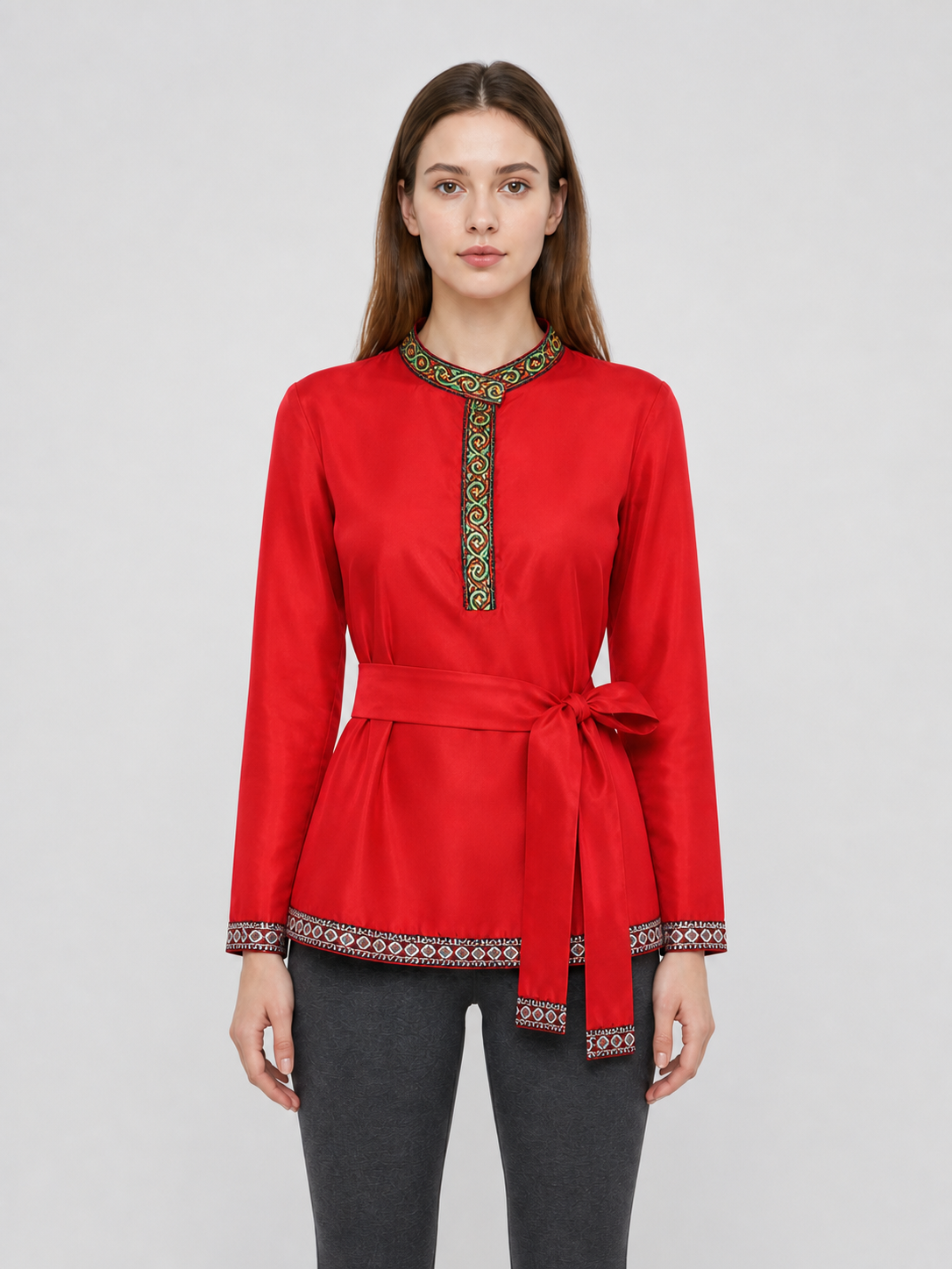 Red Tunic with Ornament, Stand-Up Collar, and Belt