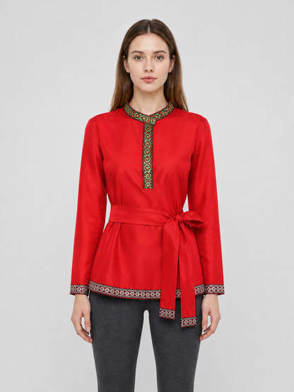 Red Tunic with Ornament, Stand-Up Collar, and Belt