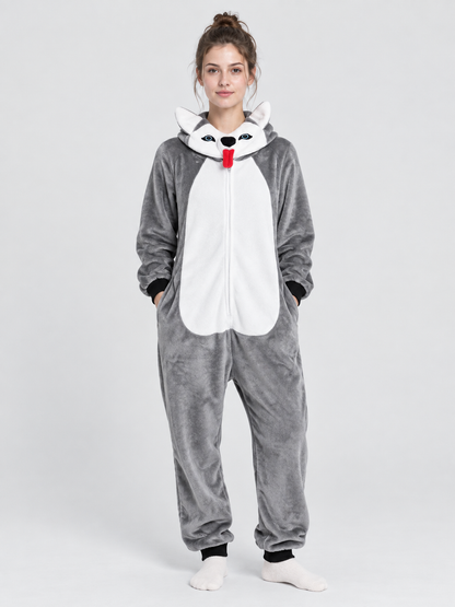Flannel Hooded Pajama Jumpsuit with Ears