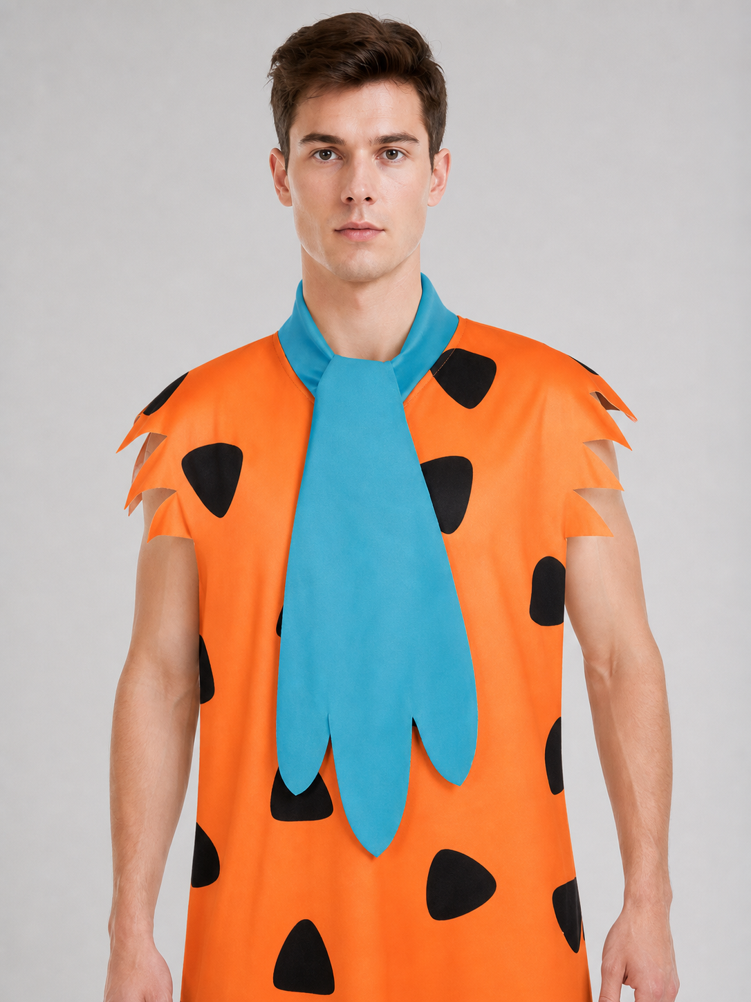 Orange Dress with Black Spots and Blue Accessory upper body view 6