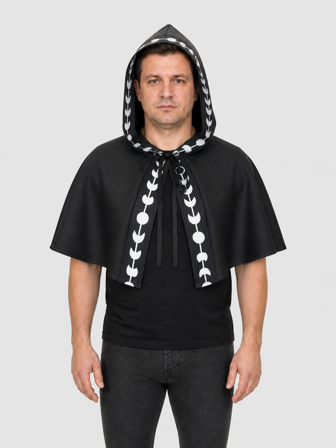Black and White Hooded Cape with Moon Phases for Halloween Costume Capes detail 3
