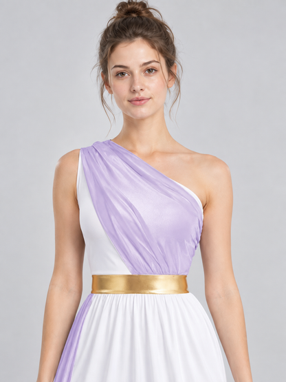 Floor-Length Sleeveless One-Shoulder Dress with Belt
