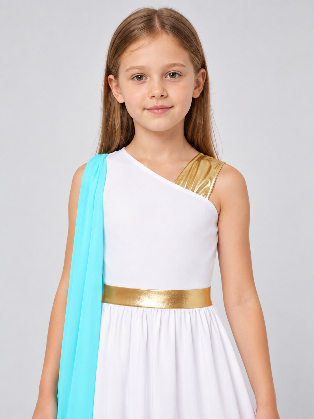 Floor-Length Dress with Turquoise Cape and Asymmetrical Top