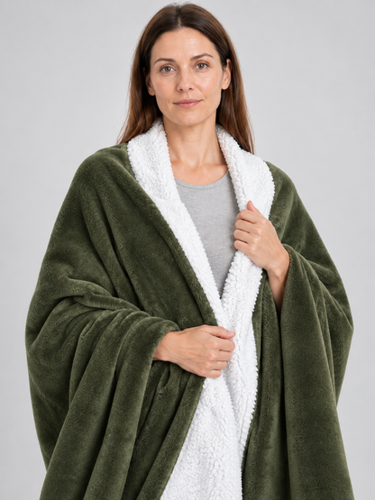 Two-Layer Flannel Blanket with Sherpa Backing, Green
