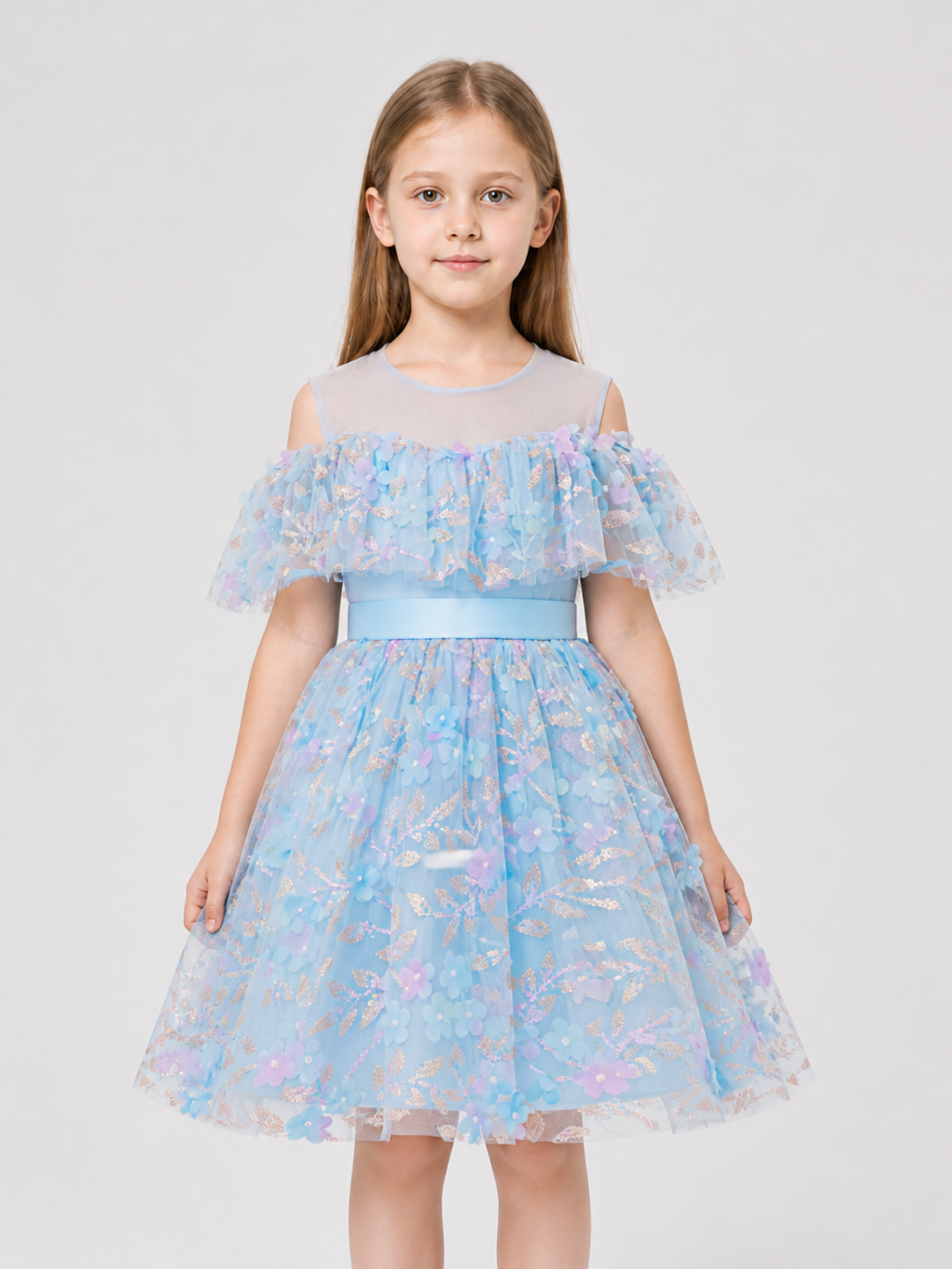 Blue Princess Dress with Flowers and a Full Skirt