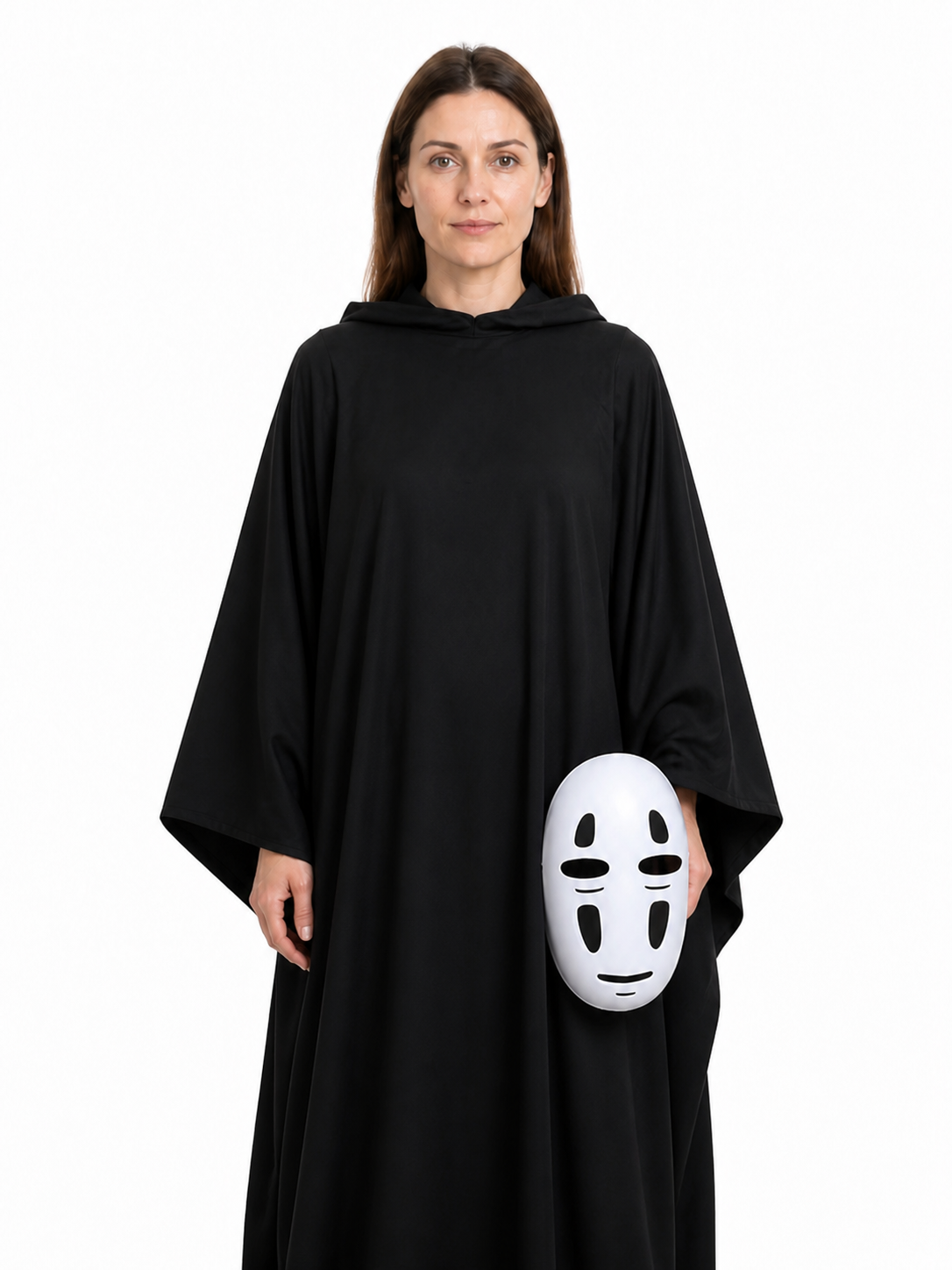 No-Face Costume: Black Hooded Robe and White Mask Costume Masks detail 3