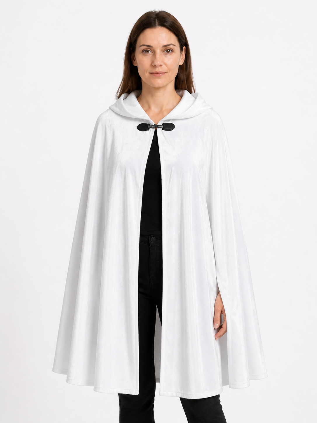 White Long Hooded Cape with Black Bow