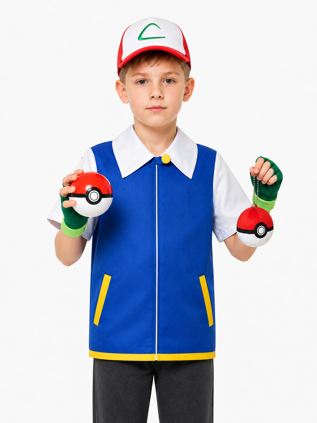 Children’s cosplay costume: jacket, cap, gloves upper body view
