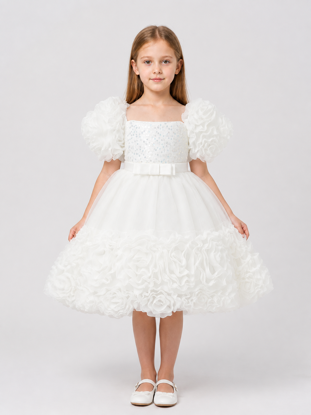 Princess Dress with Sequins, Full Skirt, and Puff Sleeves