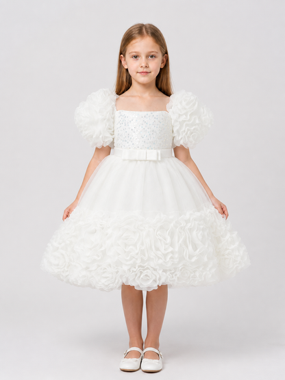 Princess Dress with Sequins, Full Skirt, and Puff Sleeves