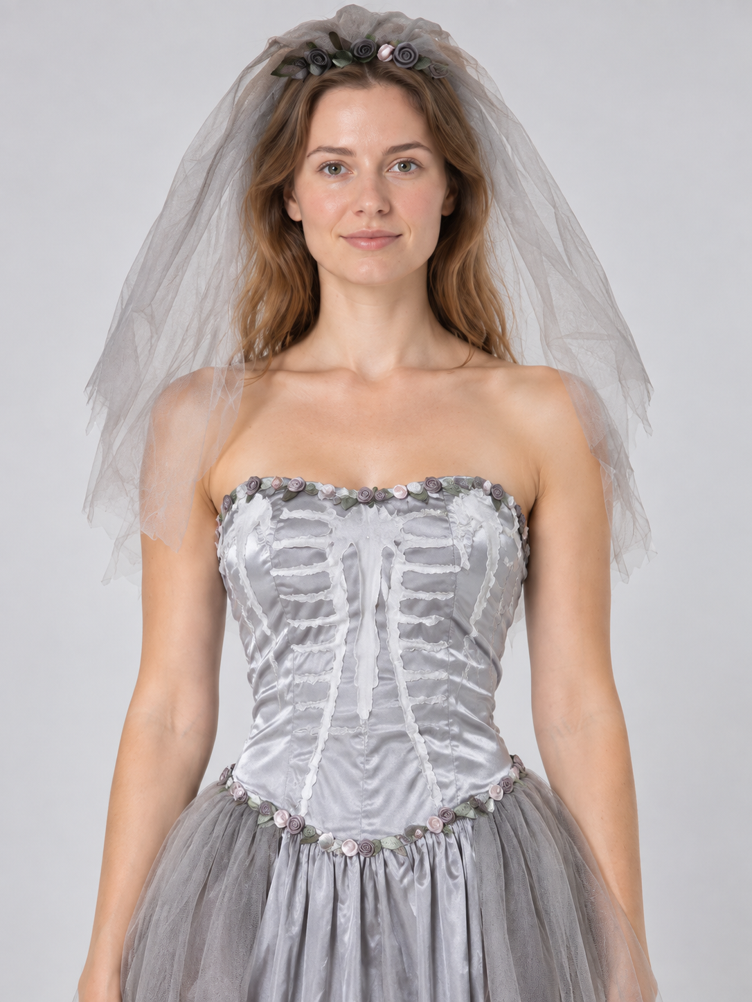 Ghost Bride Carnival Costume with Veil, Silver