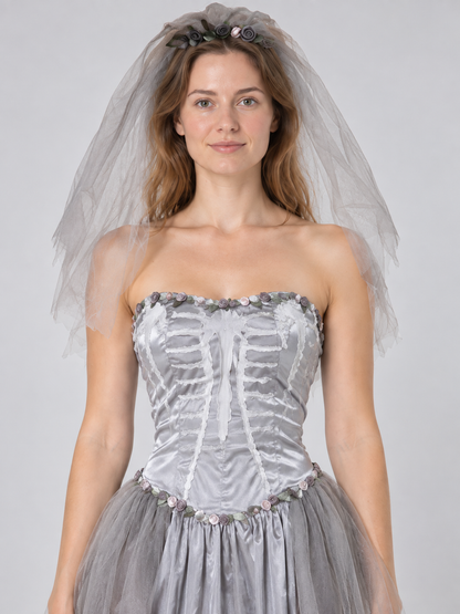 Ghost Bride Carnival Costume with Veil, Silver
