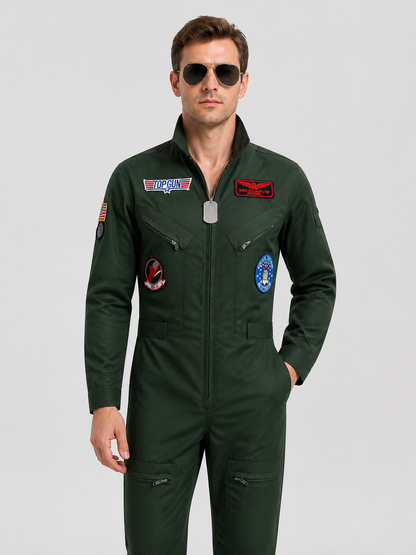 Top Gun Pilot Cosplay Jumpsuit, Khaki, Glasses and Chain Costumes detail 3