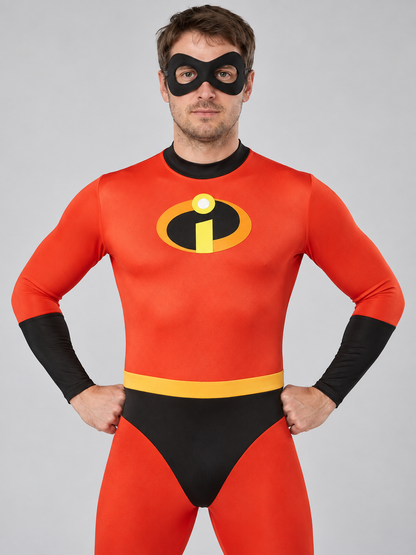 Adult Superhero Costume, Red, with Mask and Emblem