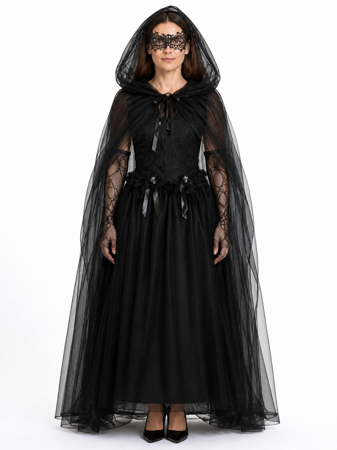 Witch Costume with Sheer Cape and Mask upper body view