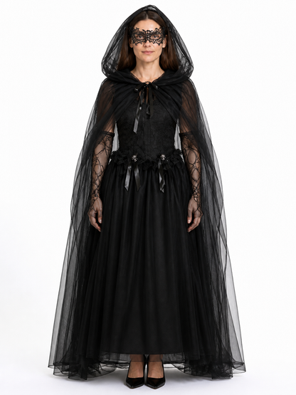 Witch Costume with Sheer Cape and Mask upper body view